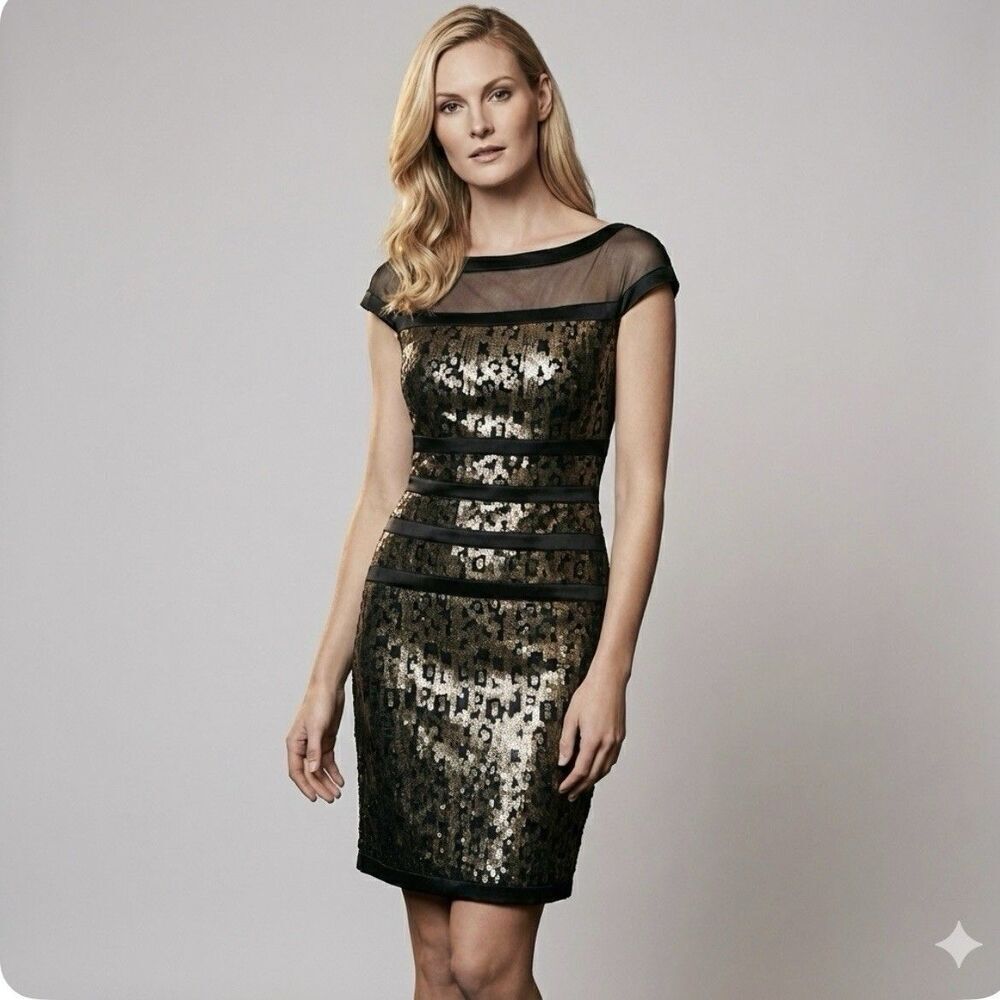 Tadashi Shoji Black Gold Sequin Mesh Illusion Cocktail Sheath Dress Size 8